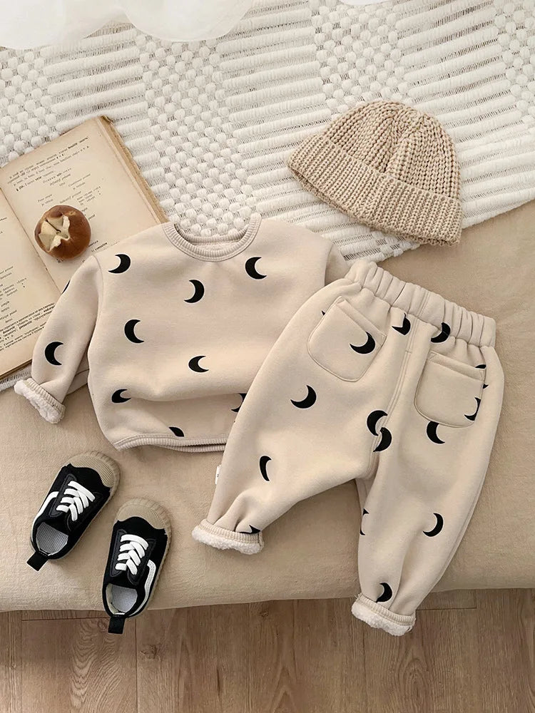 Autumn Winter Fashion Baby Plus Velvet Thicken Sweatshirt Set